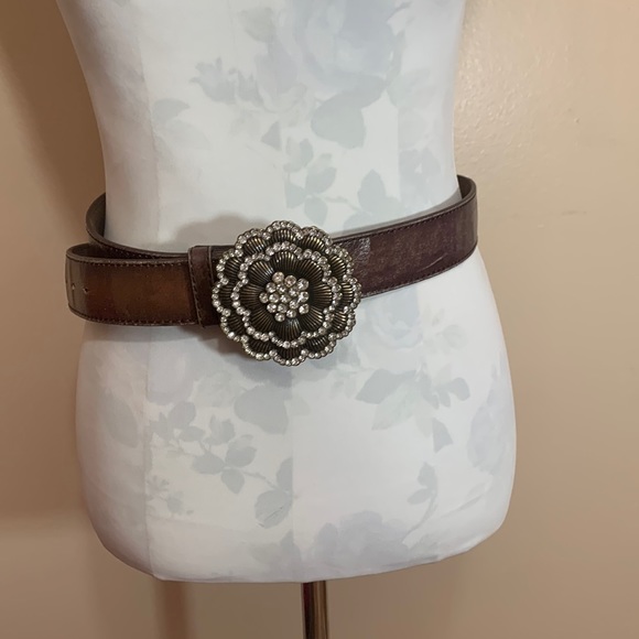 Accessories - Classico Italian Boutique Large Genuine Leather Belt w/Flower Rhinestone Buckle